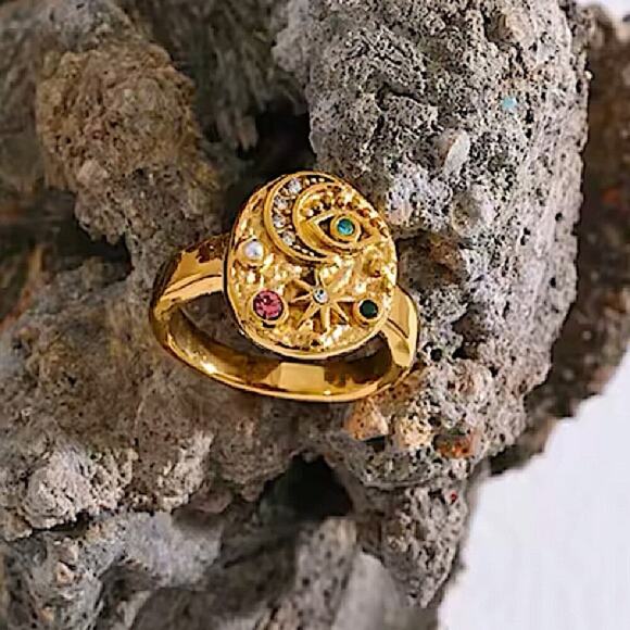 Gold Zircon Evil Eye Star Moon Ring Stainless Steel Gold Plated Bojo - Picture 4 of 6